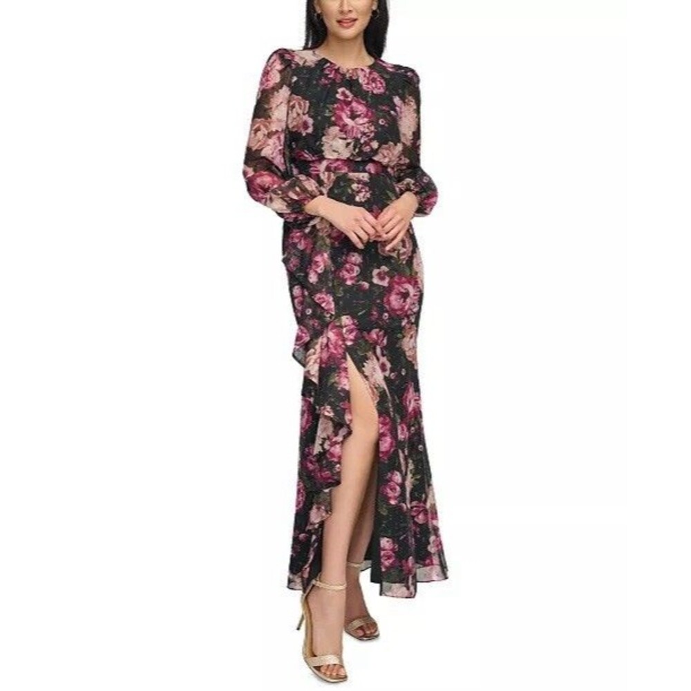Eliza J BOHO Floral Print Long Sleeve Ruffle Cascade Feminie Maxi Dress 6